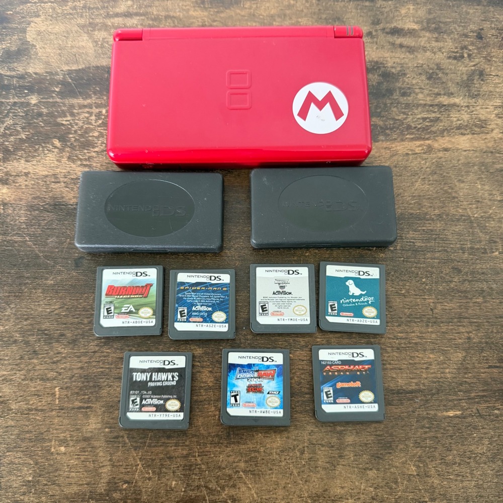 Nintendo DS Lite Super Mario Edition Console Game Bundle 7 Games Case Tested